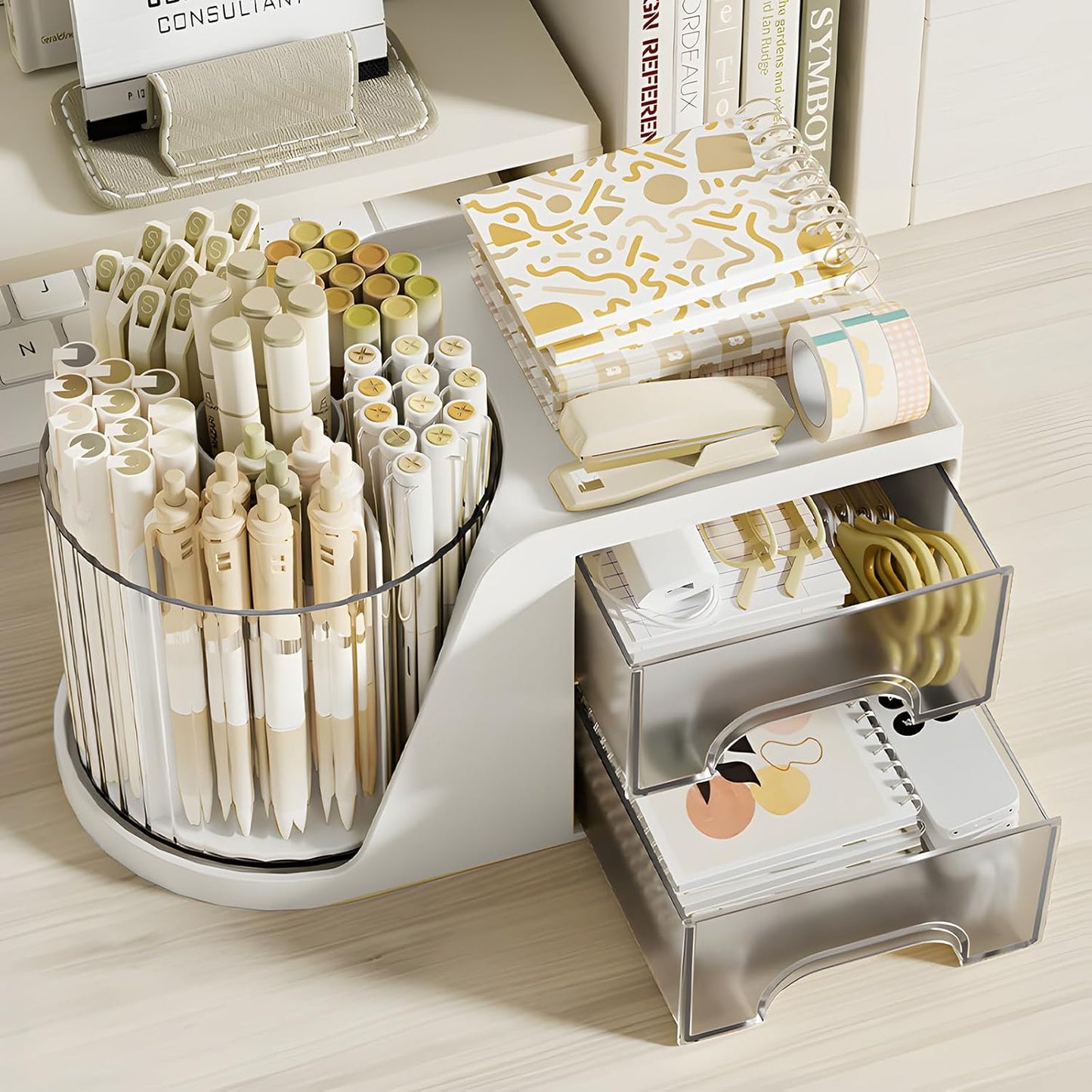 360 Degree Rotating Pencil Pen Holder for Desk , Cute Desk Pen Organizers Desktop Storage Stationery Supplies Cup Pot for Office School Home Art Supply Accessories Caddy Makeup Brush Holder White