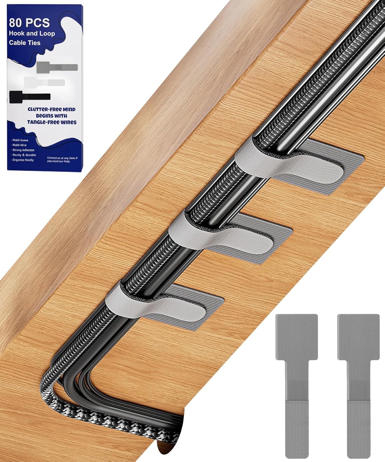 80PCS Hook and Loop Cable Ties, Under Desk Cable Management, Adhesive Cable Straps, Cord Management Hider Idea, Cord Organizer for Desk, Computer Accessories, Home Office Organization, Black+White