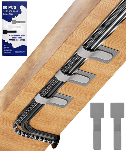 80PCS Hook and Loop Cable Ties, Under Desk Cable Management, Adhesive Cable Straps, Cord Management Hider Idea, Cord Organizer for Desk, Computer Accessories, Home Office Organization, Black+White