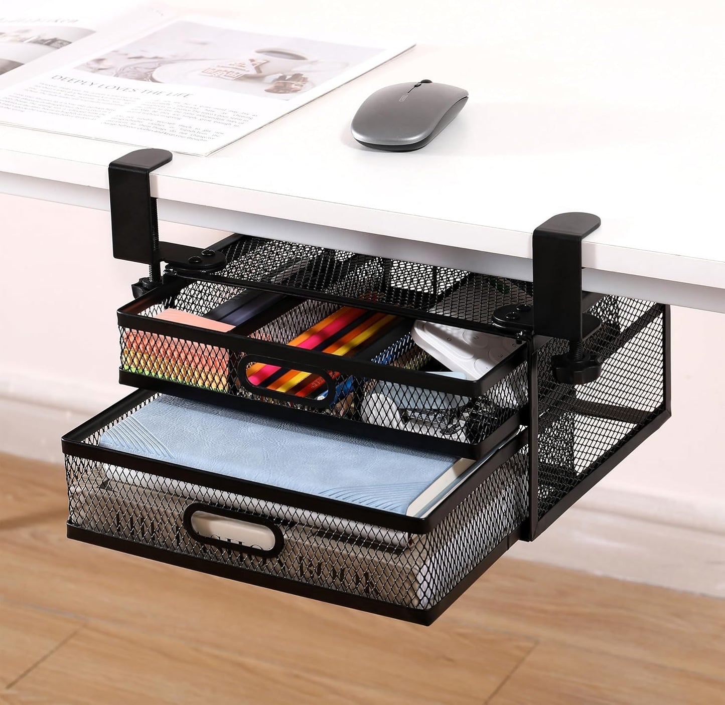 Under Desk Drawer Organizer with 2 Slide Out Drawers – No Drilling Metal Clamp-On Storage, Anti-Slip Desk Drawer Attachment for Home & Office Desktop Organization (White)