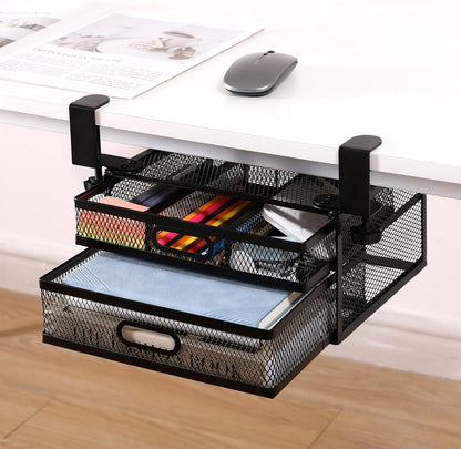 Under Desk Drawer Organizer with 2 Slide Out Drawers – No Drilling Metal Clamp-On Storage, Anti-Slip Desk Drawer Attachment for Home & Office Desktop Organization (White)