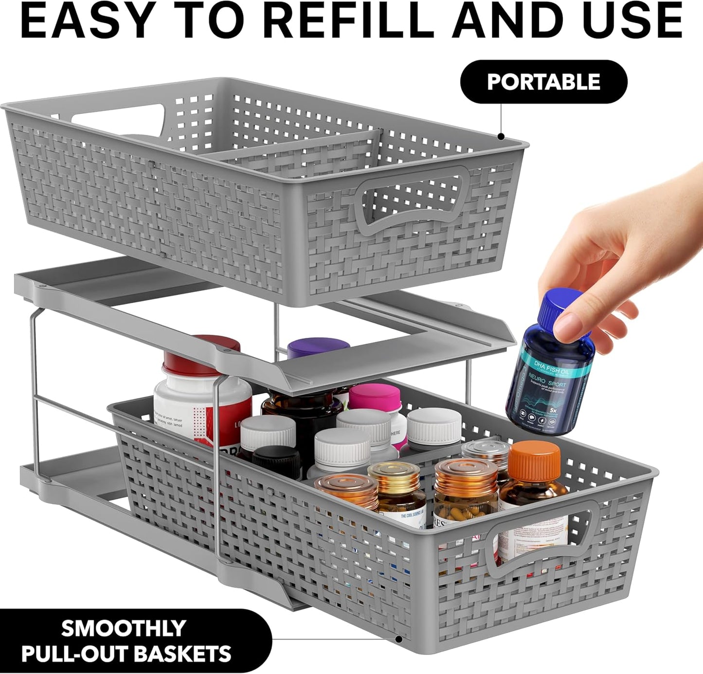 Simple Houseware 2 Tier Bathroom Organizer Tray Pull-Out Sliding Drawer, Under Sink Storage, Black
