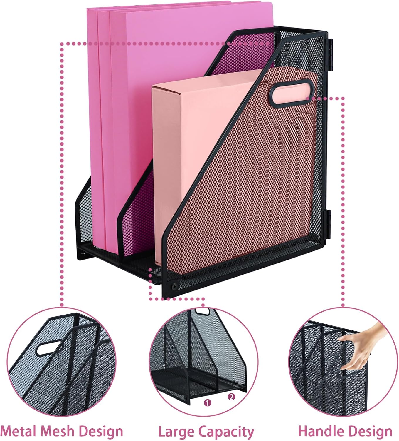 Desk Organizers, Metal Magazine File Holder with 2 Vertical Compartments Rack Binder File Organizer for Office Supplies, Home Workspace - Black