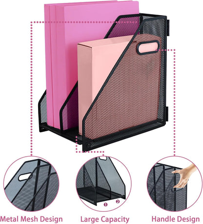 Desk Organizers, Metal Magazine File Holder with 2 Vertical Compartments Rack Binder File Organizer for Office Supplies, Home Workspace - Black