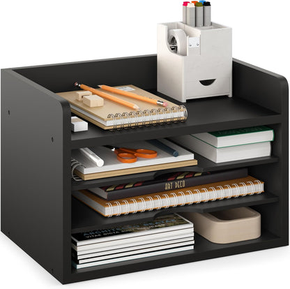 Ballucci File Organizer, 2-Tier Document Paper Sorter, Stackable Wood Desk Organizer Mail Holder, Monitor Stand with Storage Shelves, White