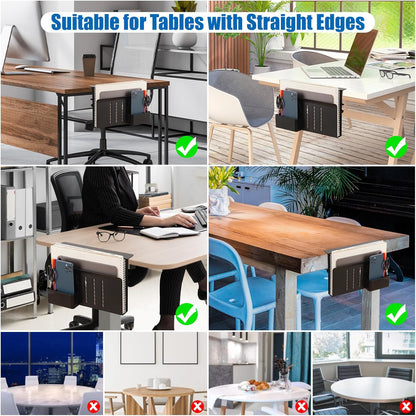 Desk Side Storage, Under Desk Laptop Mount, Table Side Hanging File Organizer, No Drill Clamp On Cable Management Tray, Laptop Holder with Magnetic Pen Holder for Office and Home
