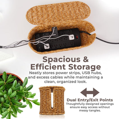 Cable Management Box, Handmade Rattan Cable Organizer with 2 Open Slots, Cord Hider for Power Strip, Router & USB Hub, Registered U.S. Design Patent (D1,112,102), 13" x 5.1" x 5.1", Natural
