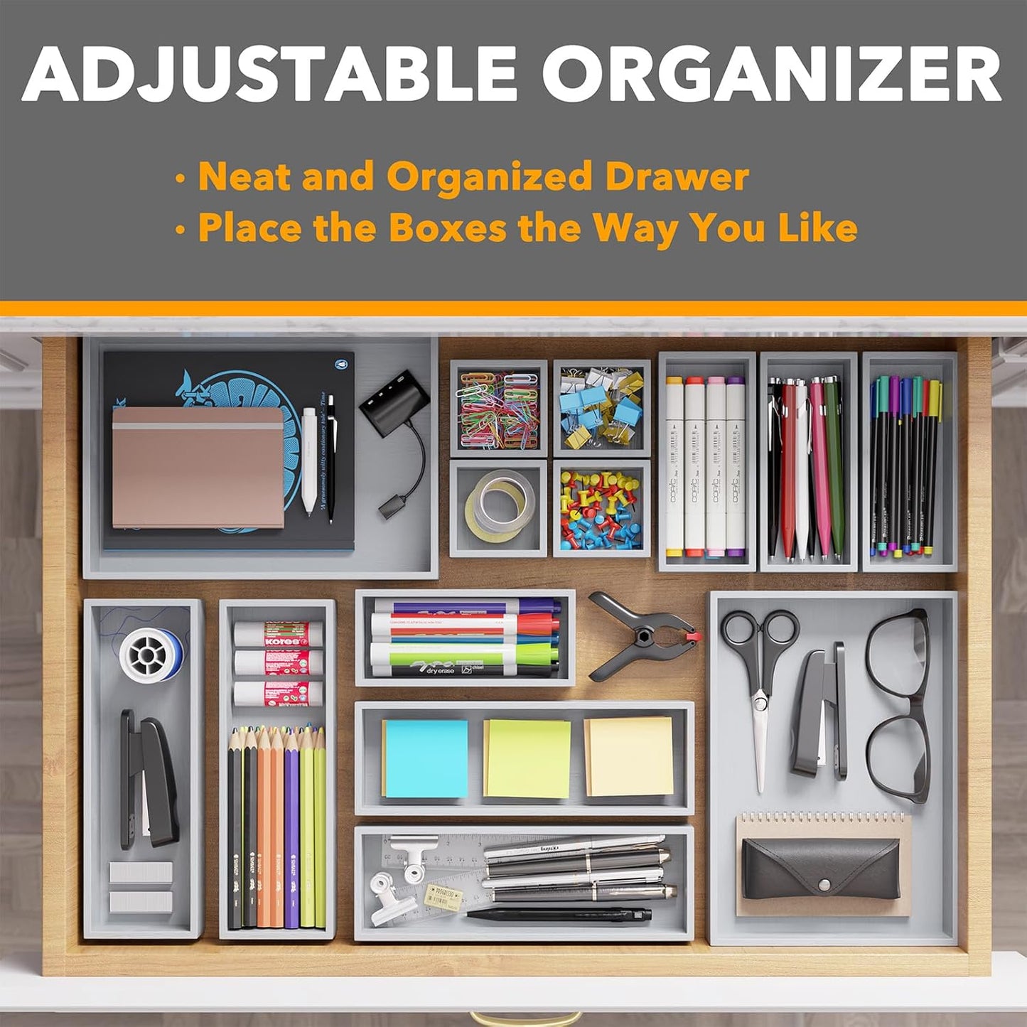 SpaceAid 14-Piece Bamboo Drawer Organizer Storage Boxes Set, Wood Tray Junk Drawer Organizers Multi-Use Divider Bins for Kitchen, Bathroom, Office Desk and Makeup Organization (14 Pack, Natural)