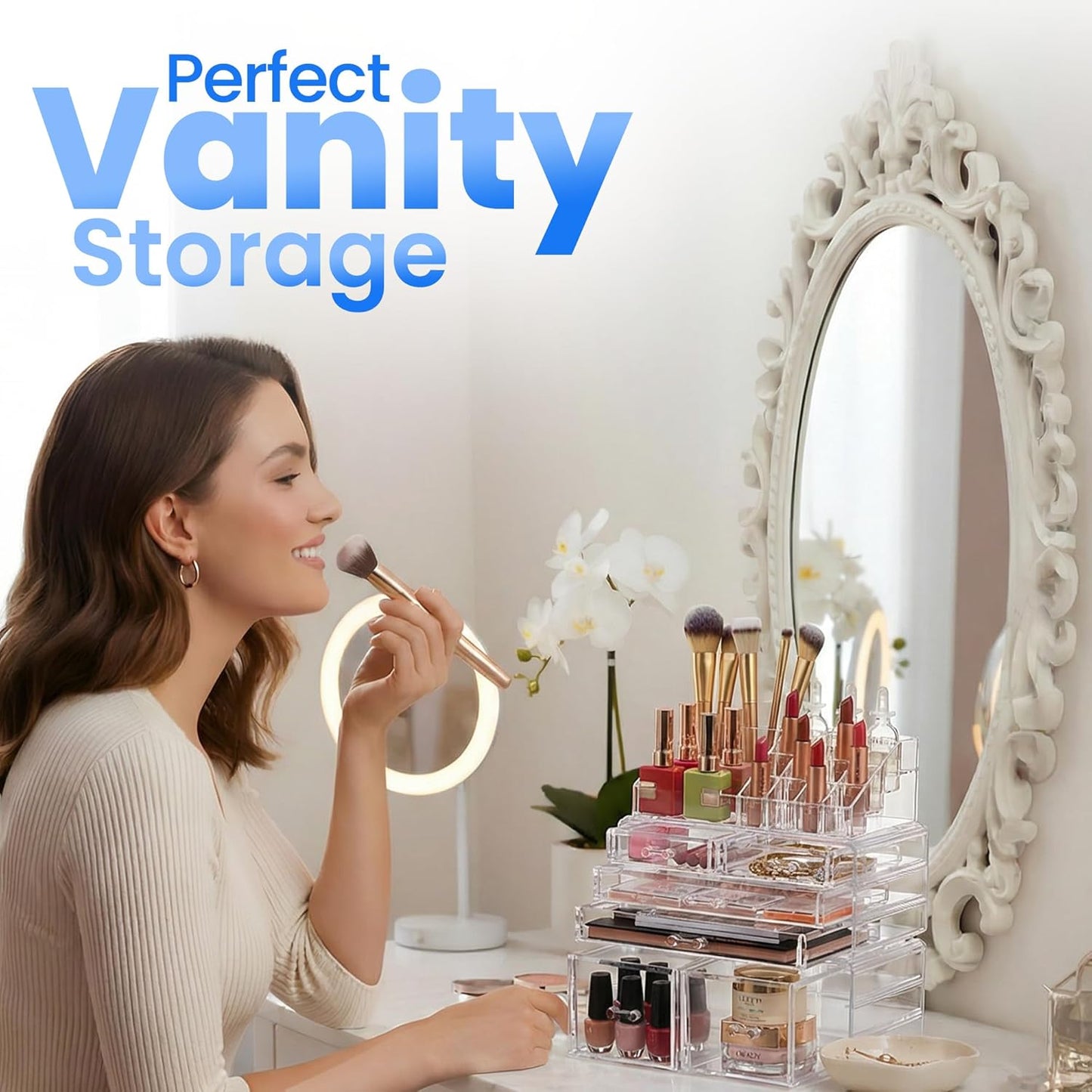 Masirs Clear Makeup Organizer - 16-Compartment Cosmetic and Jewelry Holder with 4 Drawers - Vanity Storage Box for Makeup, Skincare, Accessories, and Jewelry Display