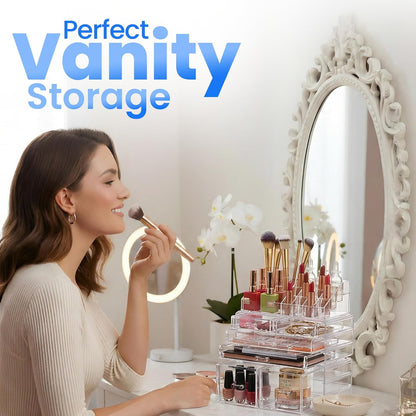 Masirs Clear Makeup Organizer - 16-Compartment Cosmetic and Jewelry Holder with 4 Drawers - Vanity Storage Box for Makeup, Skincare, Accessories, and Jewelry Display