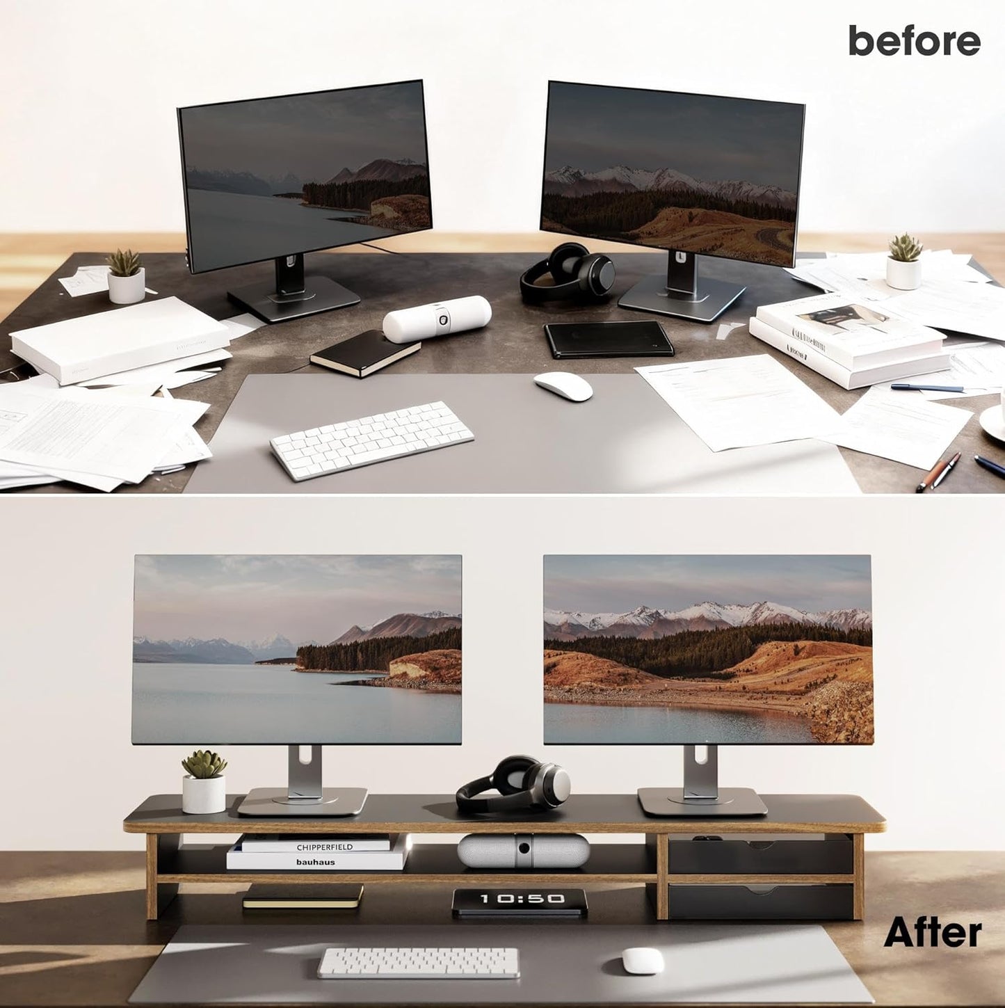 Fenge Monitor Stand, Dual Monitor Riser, 42.5inch Large Desk Computer Monitor Stand Riser with Drawer, 2 Tier Wood & Acrylic Desktop Organizer for Computer, Laptop, Printer, TV Screen Riser