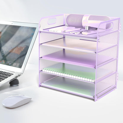 Letter Tray Paper Organizer 5-Tier Desk Organizer File Organizer Paper Holder with Handle, Metal Desktop Document Shelf Tray Office Classroom Organization - Black