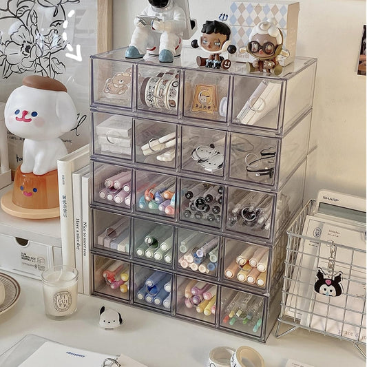 2 Pack Acrylic Storage Drawer Organizer, Dustproof Pen and Marker Storage Organizer for Desk, Clear Makeup Drawer Organizers with 8 Drawers for Art Crafts, Marker, Countertop