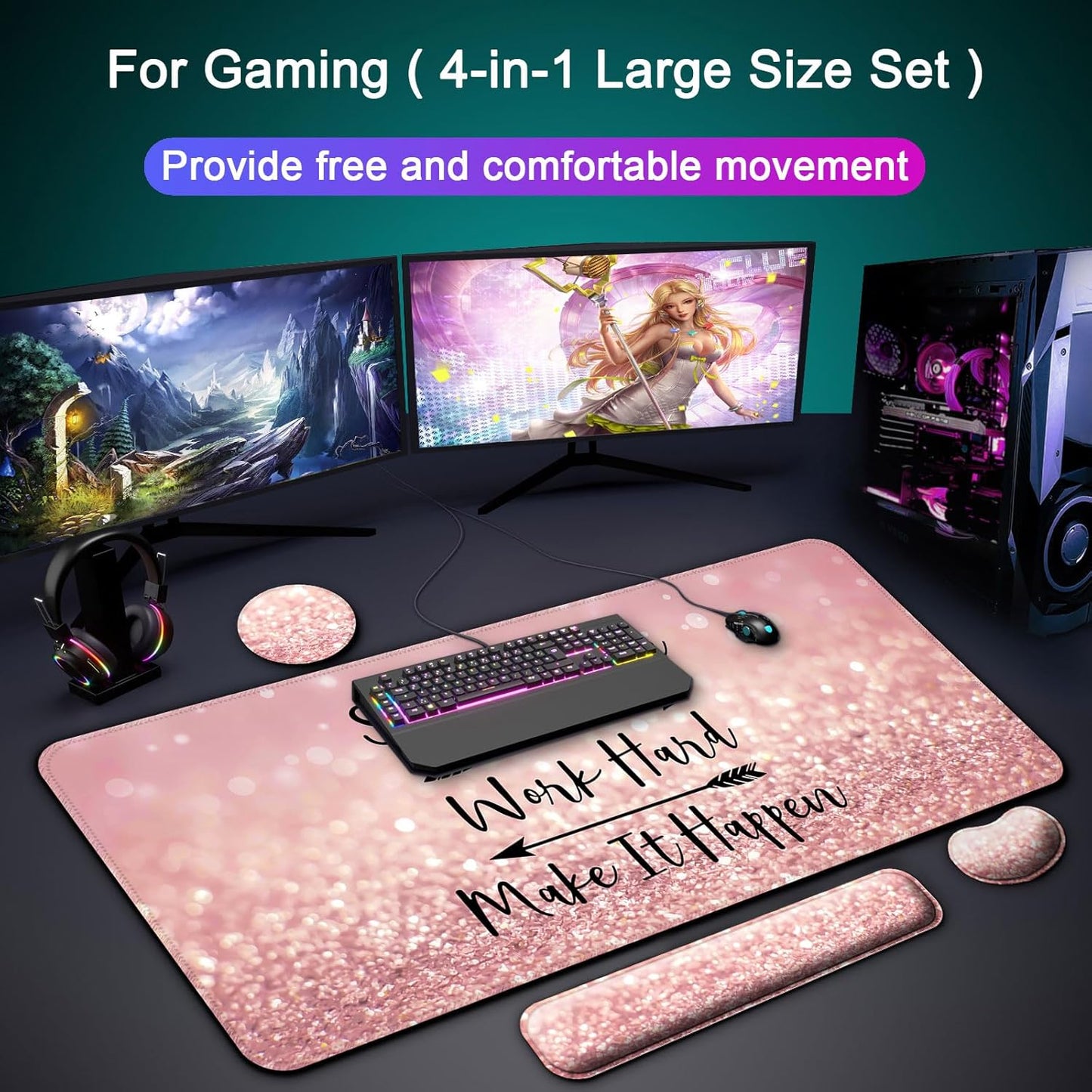 Keyboard Wrist Rest + Mouse Pad with Wrist Support + Desk Mat + Coaster 4 in 1 Set, XXL Large Gaming Mousepad Cute Ergonomic Mouse Pads for Desk Computer Laptop Office Decor-Beach