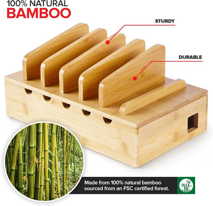 Modern Innovations Bamboo Charging Station for Multiple Devices (White) Wood Device Organizer, Desk Docking Stand for Cell-Phone Charger, Compatible with Apple, Android, iPad, iPhone, Tablet, Laptop