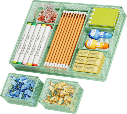 Marbrasse 3 Packs Desk Drawer Organizers, Metal Mesh Dividers Desk Drawer Organizer Tray with 9 Adjustable Compartments, Pen Organizer for Drawer Tray Box Accessories for Desktop,Kitchen, Makeup