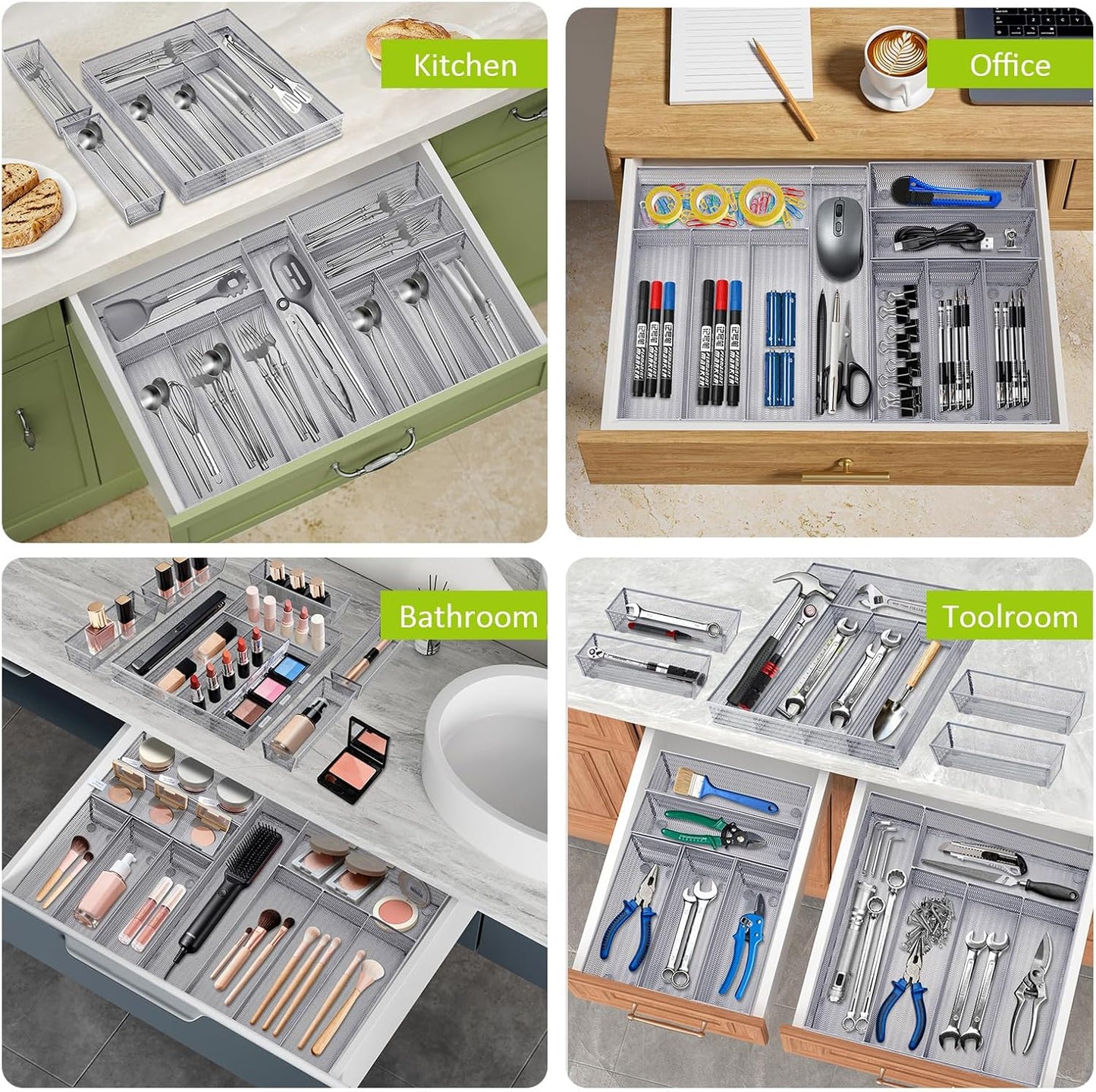 Neudeco Drawer Organizer Set 6 Pack - 5-Compartment Silverware Organizer Tray + 5 Utensil Trays, Kitchen Drawer Organizer for Flatware, Cutlery, Office Supplies, Black Mesh, Non-Slip.