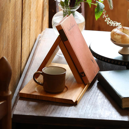 LITIVY Wooden Book Holder with Drink Holder, Wooden Triangle Bookmark Reading Rest with Slotted, Book Display Bookmark Book Holder Decor for Coffee and Book Lover Gifts (Greenish Gray)