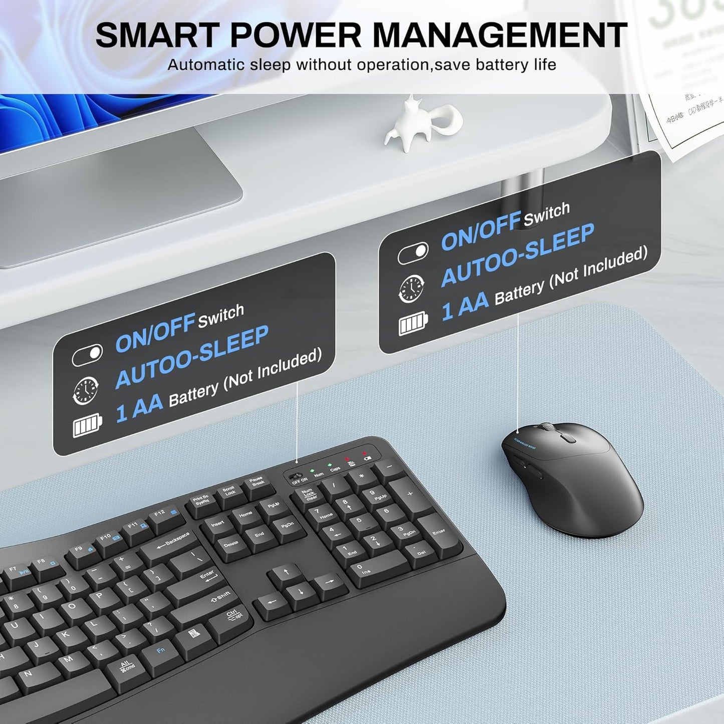 Wireless Keyboard and Mouse Combo,2.4G Full Size Wave Keys Ergonomic Keyboard with Wrist Rest for Natural Typing, 3 DPI Adjustable Ergonomic Silent Mouse for Computer/Laptop/Windows/Mac (Gray)