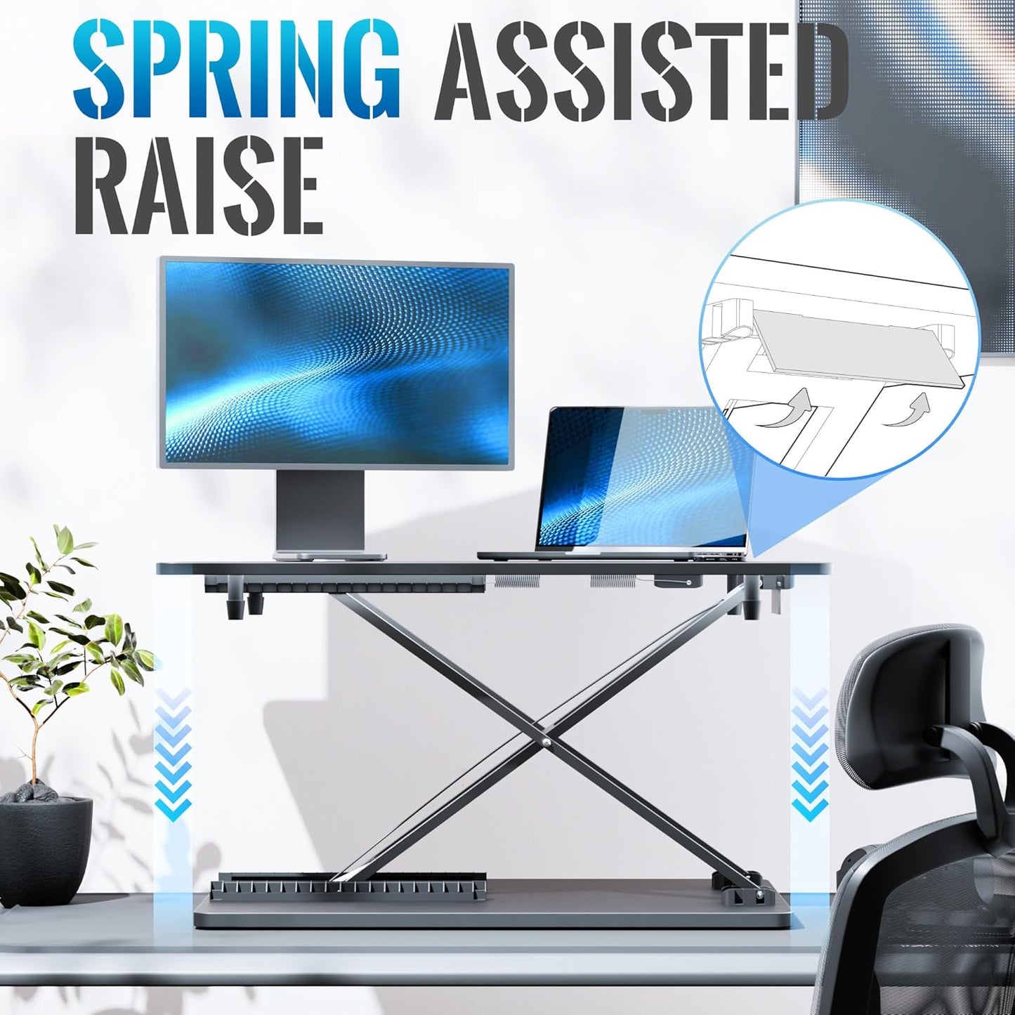 Standing Desk Converter, 25.16" × 15.75" Height Adjustable Laptop Stand for Desk, Sit Stand Monitor Stand, No Assembly Required for Home and Office Use (Black)