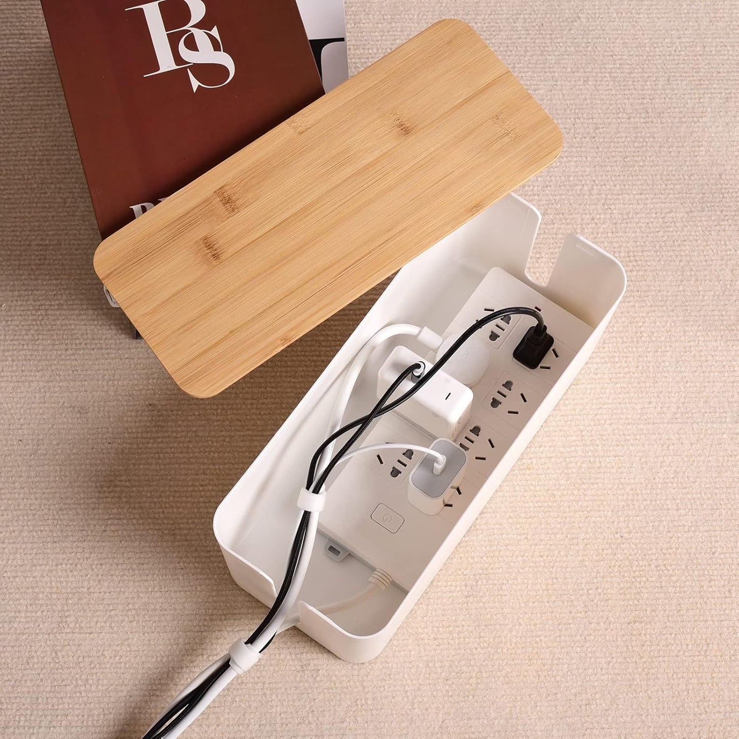 Cable Management Box - Wooden Style Large Cord Organizer Box to Hide Wires & Power Strips | Desk Computer Cable Organizer Box | Safe ABS Material |16" (L) x 6.2" (W) 5.3" (H)|for Home & Office - White