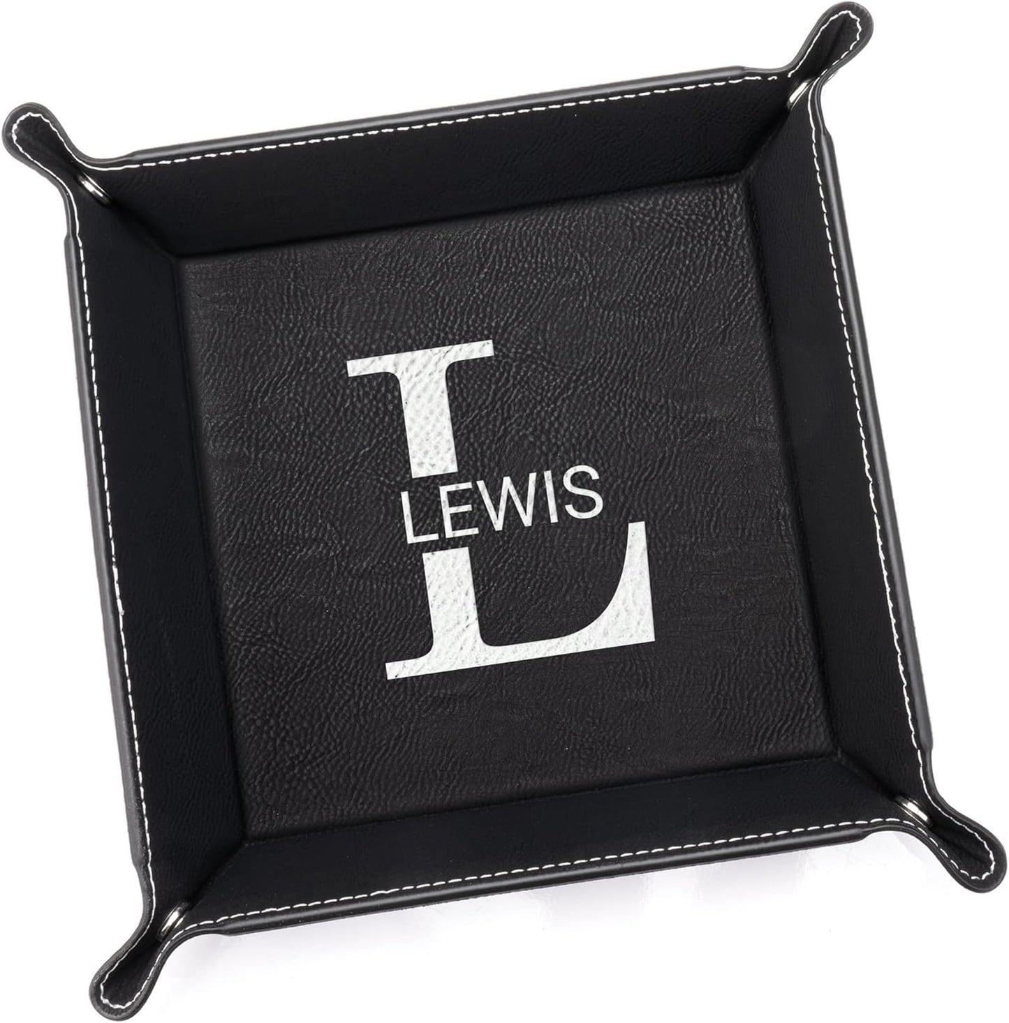 Lifetime Creations Monogrammed Valet Tray for Men (Brown) - Personalized Vegan Leather Catch All, Nightstand Desktop Desk Organizer for Coins, Keys, Watch