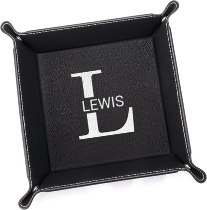 Lifetime Creations Monogrammed Valet Tray for Men (Brown) - Personalized Vegan Leather Catch All, Nightstand Desktop Desk Organizer for Coins, Keys, Watch