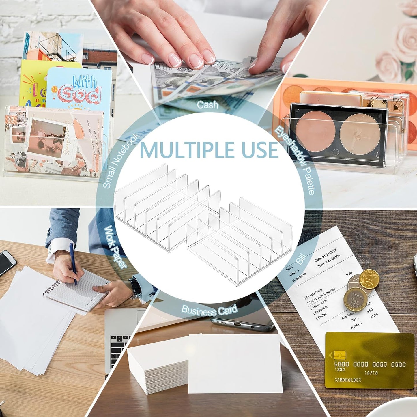Geetery 4 Pcs Acrylic Cash Tray for Cash Stuffing Mail Sorter Organizer Clear Desk Envelope Organizer for Sorting Mail Envelope Bill Business Card Eyeshadow Palette(7 Slot)