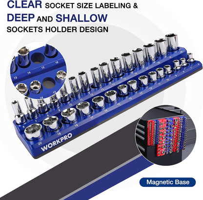 WORKPRO Magnetic Socket Organizer Set, 6-Piece Socket Holder Set Includes 1/4", 3/8", 1/2" Drive Metric SAE Socket Trays, Holds 143 Pieces Sockets, Christmas Gift for Men(Socket not Included)