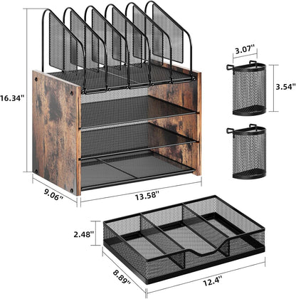 Marbrasse Desk Organizer with Drawer, 4-Tier Mesh File Organizer with 5 Vertical File Holders and 2 Pen Holders, Multifunction Desktop Organizer,Desk Organizers and Accessories for Home Office