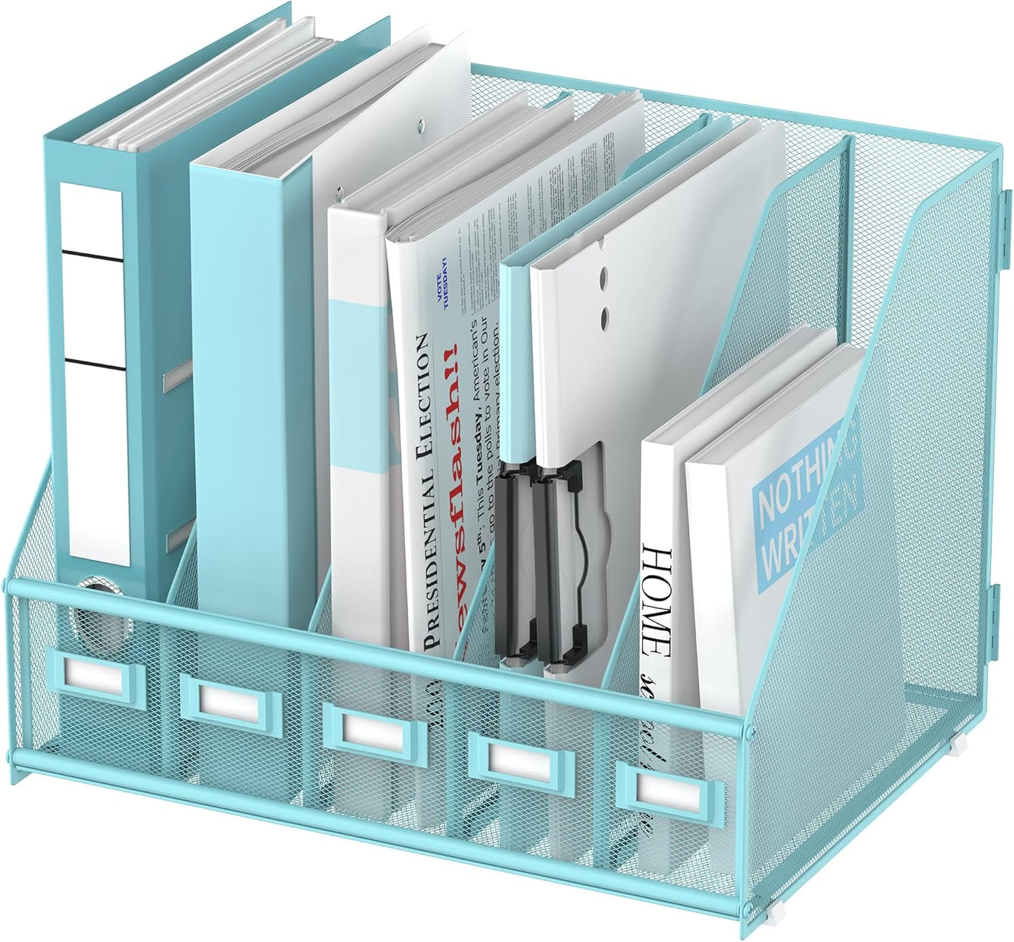 SUPEASY Desk Organizers Metal Desk Magazine File Holder with 5 Vertical Compartments Rack File Organizer for Office Desktop, Classroom, Home Workspace, Black
