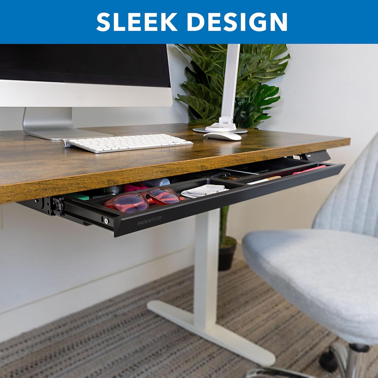 Mount-It! Under Desk Drawer with 4 Compartments, Deep Low-Profile Slide-Out Storage Organizer, 25.8″ x 12.5″ x 1.6″, Smooth Glide Pull-Out Tray for Traditional & Single Motor Standing Desks, Black