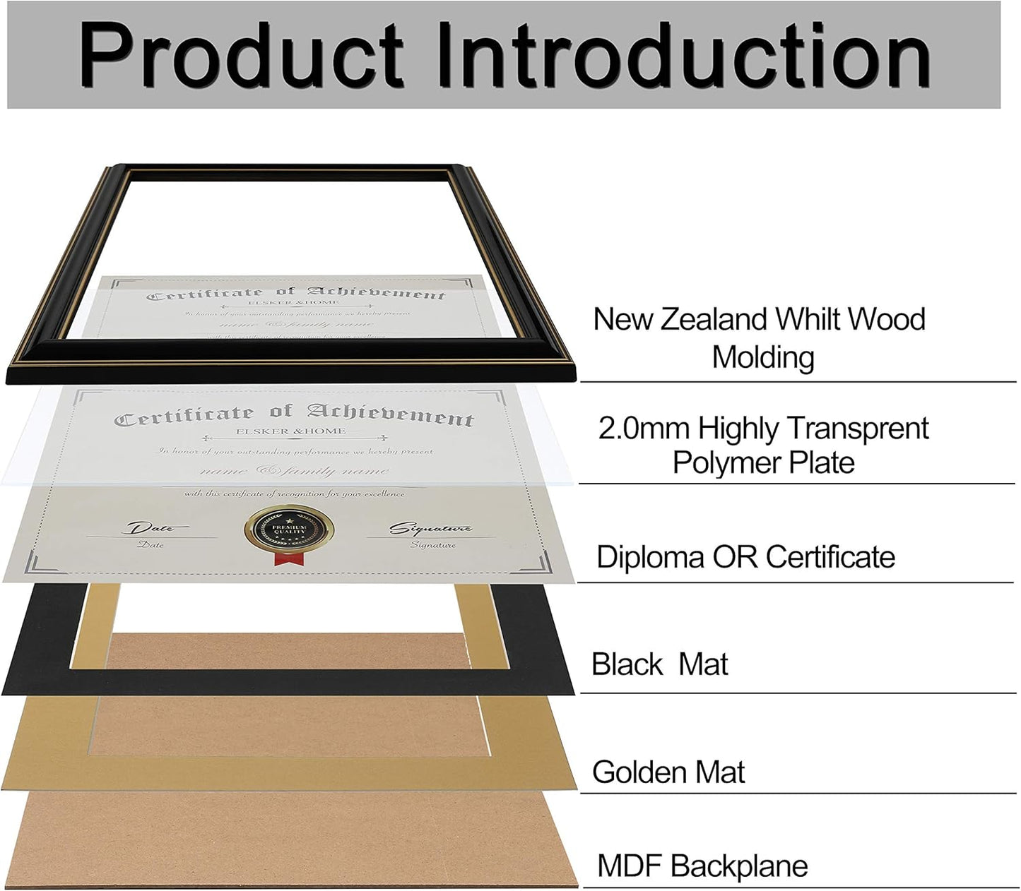 ELSKER&HOME Diploma Frame - Wide Solid Wood Frame - Black Velvet Golden Rim Mat - Semi-Tempered Glass - Includes Hanging Hardware and Desktop Easel(ONLY Display 11×14 Document/Certificate)