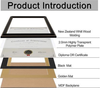 ELSKER&HOME Diploma Frame - Wide Solid Wood Frame - Black Velvet Golden Rim Mat - Semi-Tempered Glass - Includes Hanging Hardware and Desktop Easel(ONLY Display 11×14 Document/Certificate)
