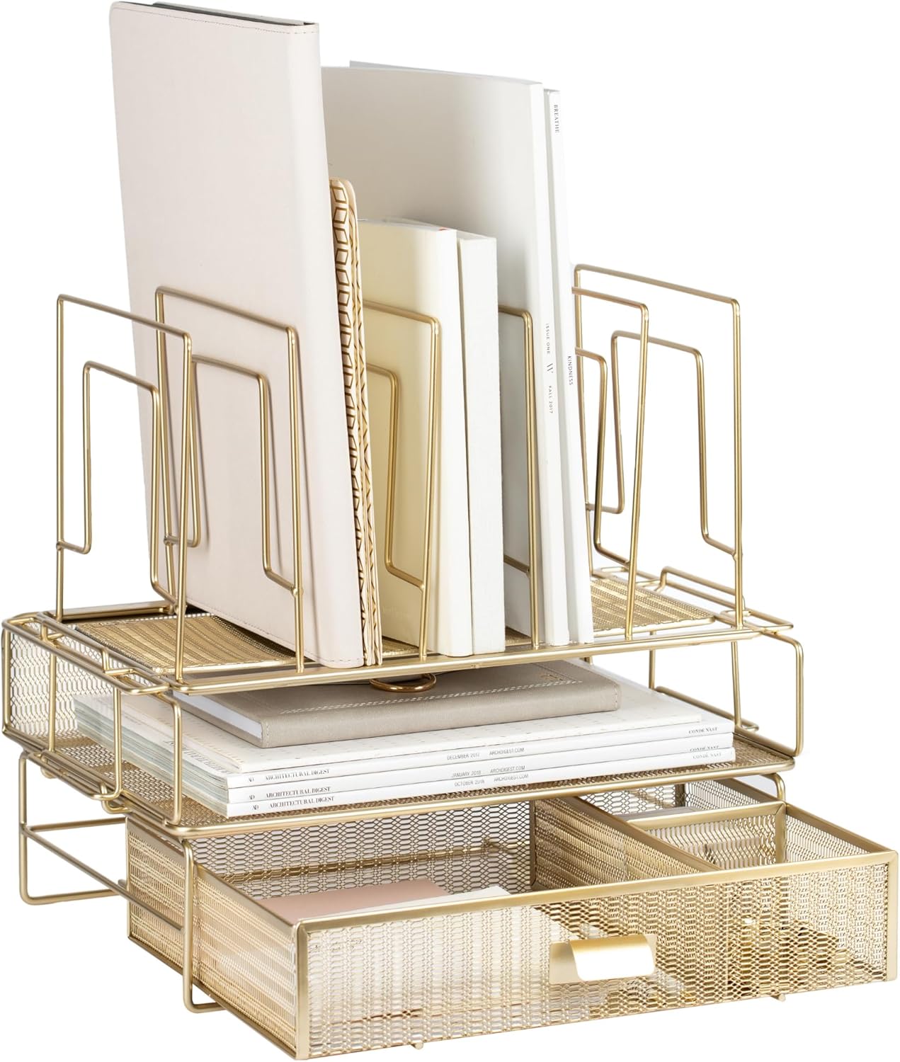 BLU MONACO | Gold Desk Organizer Set with Detachable File Organizer, Stackable Paper Tray & Storage Drawer | Stylish Gold Desk Accessories for Women & Office Organization
