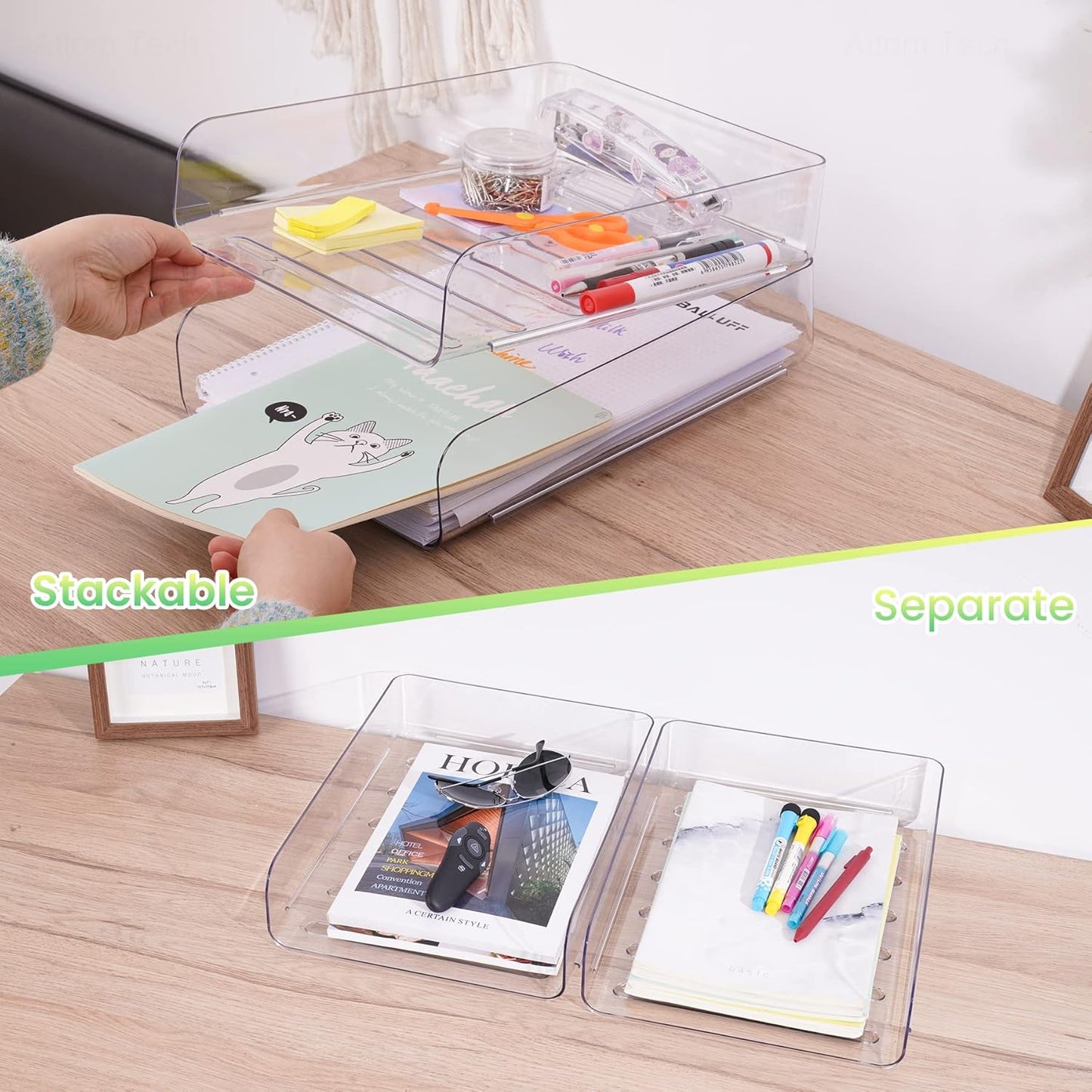 Tomorotec Desk Letter Tray Set, A4 Size Clear PET Stackable Document Organizer Office Desktop File Paper Holder Book Storage Rack Side Load Anti-Skid Stacking Support Convex Bottom (2X Landscape)