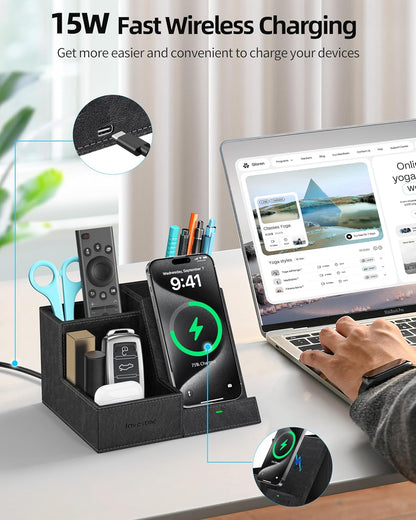 Wireless Charger with Desk Organizer, Pen Pencil Holder, Multifunctional Desktop Organizer, Office Supplies and Desk Accessories Organizer with 3 Compartments and 1 Phone Stand