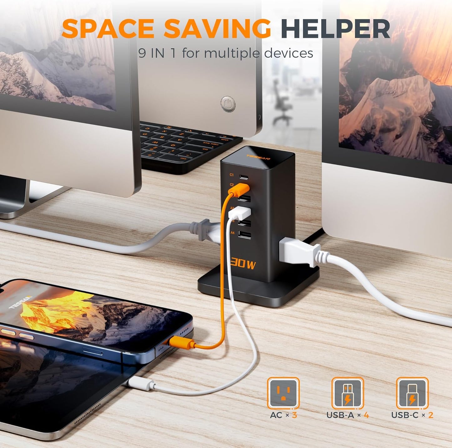 Charging Station for Multiple Devices, TESSAN 9-in-1 USB C Power Strip for iPhone 17/16/15, MacBook, Tablet, Desktop Phone Fast Charger with 3 AC, USB Charger, Home Drom Office Accessories, White-65W