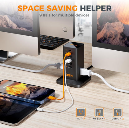 Charging Station for Multiple Devices, TESSAN 9-in-1 USB C Power Strip for iPhone 17/16/15, MacBook, Tablet, Desktop Phone Fast Charger with 3 AC, USB Charger, Home Drom Office Accessories, White-65W