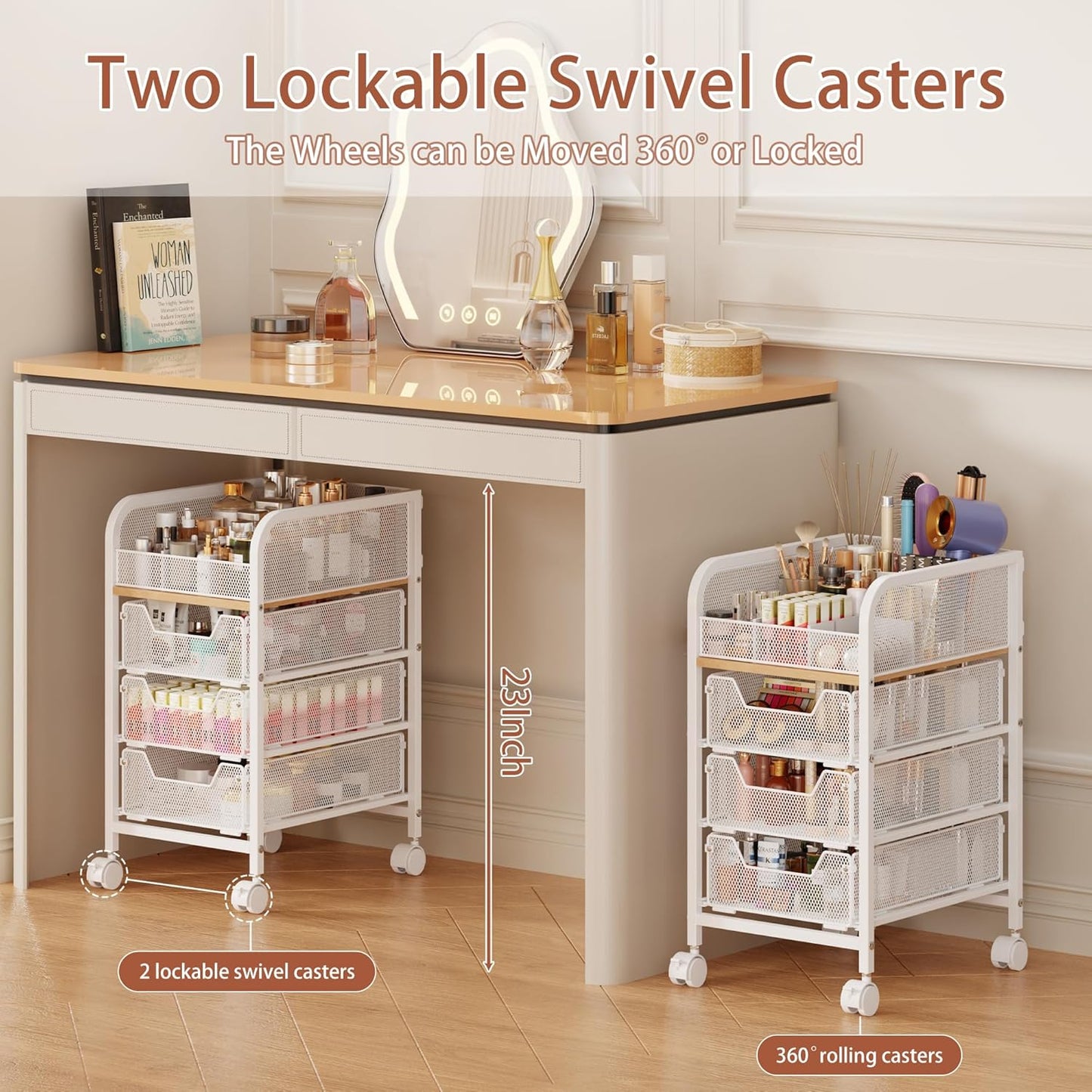 Rolling Makeup Cart Organizer with 3 Drawers, 4-Tier Narrow Floor Skincare Organizers with dividers, Vanity Organizer Cosmetics Display Cases for Makeup Brush, Hair Tool, White