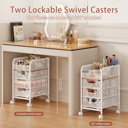 Rolling Makeup Cart Organizer with 3 Drawers, 4-Tier Narrow Floor Skincare Organizers with dividers, Vanity Organizer Cosmetics Display Cases for Makeup Brush, Hair Tool, White