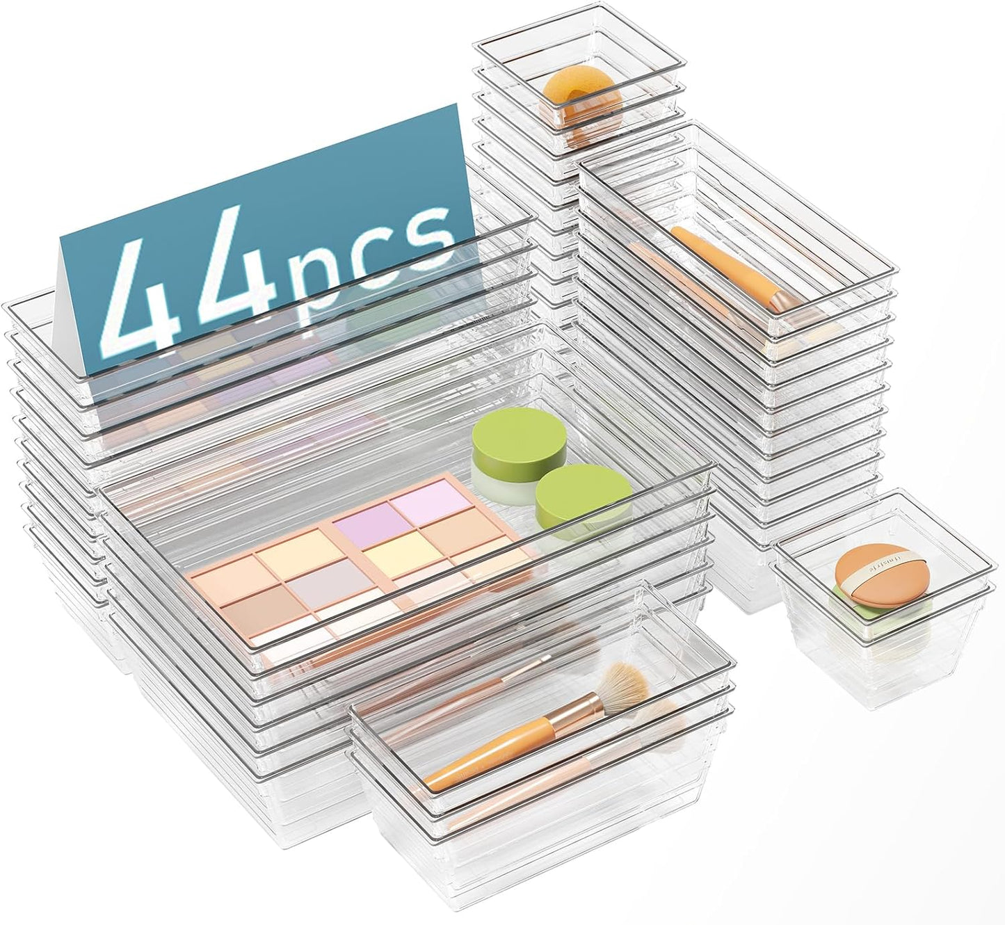 DCA 44 PCS Clear Drawer Organizers Set, 4 Size Versatile Bathroom and Vanity Organizer Trays, Cosmetic Display Cases for Makeup, Jewelries, Bedroom, Kitchen Utensils and Office