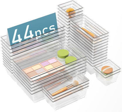 DCA 44 PCS Clear Drawer Organizers Set, 4 Size Versatile Bathroom and Vanity Organizer Trays, Cosmetic Display Cases for Makeup, Jewelries, Bedroom, Kitchen Utensils and Office