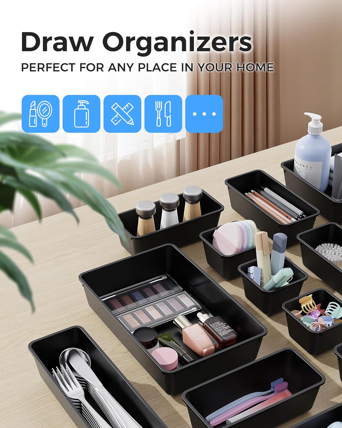 BiuLeon 25 PCS Plastic Drawer Organizers Set, 4-Sizes Vanity and Makeup Organizer, Desk and bathroom Drawer Organizer Trays, Organizers and Storage for Makeup, Jewelry, Gadgets, Utensils (Pink)