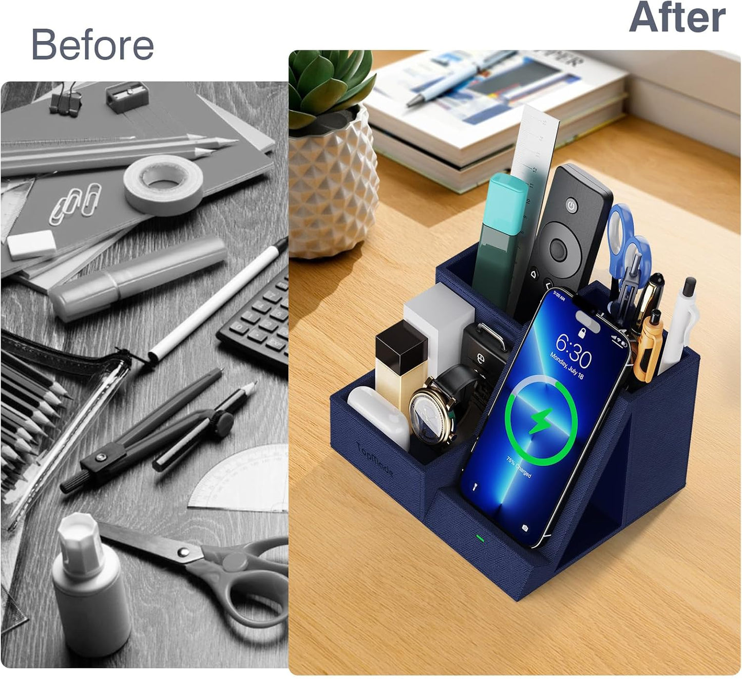 TopMade Wireless Charger with Desk Nightstand Organizer, Leather Pen Pencil Holder Bedside Fast Charging Station, for iphone Charging Stand Office Supplies Desk Accessories, Gifts for Men(Blue)