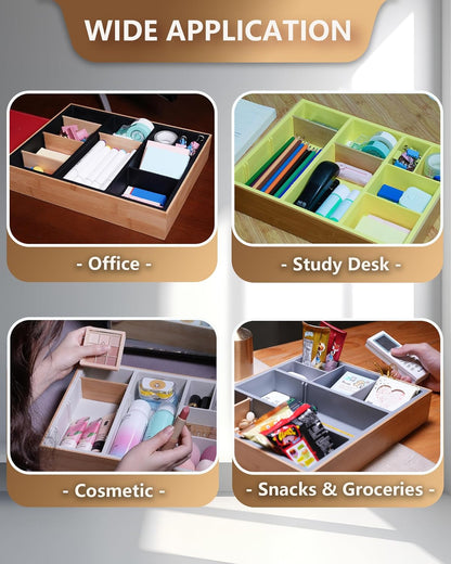 Bamboo Desk Drawer Organizer Tray, Silicone Sturdy Junk Drawer Organizer with 10 Adjustable Compartments, Desk Organizers and Accessories with 4 Removable Dividers for Office Home (White)