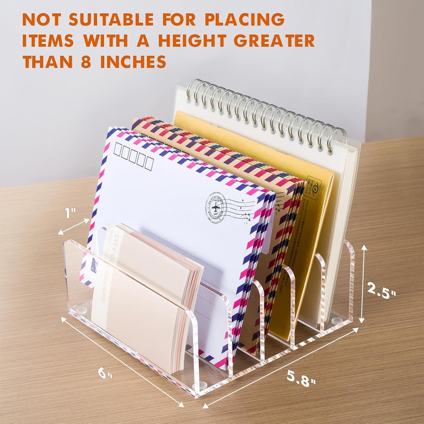 BEYGORM Acrylic Mail Holder, Clear Multifunction Desk Organizer with Divider, Vertical Letter Sorter for Desktop, 5 Compartments Modern Office Home Envelope Organizer for Bill, Document, Folder