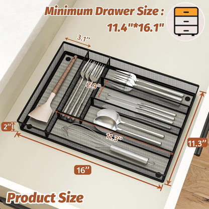 Sedegn Silverware Organizer Metal Mesh, Small Drawer Organizer, Utensil Cutlery Tray for kitchen drawers, Flatware Organizer with 5 Compartment, Black(9.3"*12.6")