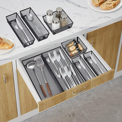 Neudeco Drawer Organizer Set 6 Pack - 5-Compartment Silverware Organizer Tray + 5 Utensil Trays, Kitchen Drawer Organizer for Flatware, Cutlery, Office Supplies, Black Mesh, Non-Slip.