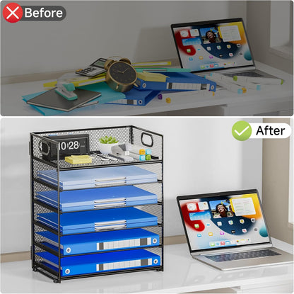 Paper Organizer Letter Tray with Handle, 5-Tier Black Stackable Desk Organizer with Metal Mesh, Sturdy Paper Tray for Office Desk, Home & Classroom Supplies Storage
